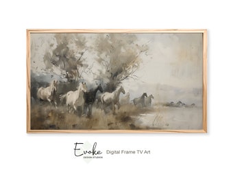 May include: A framed watercolor painting of a herd of white horses running through a misty field. The horses are in the foreground, with a tree and a river in the background. The painting is done in a muted palette of browns, grays, and blues.