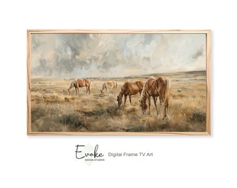 Wild Horses Landscape Art | Samsung Frame TV Art | Vintage Western Oil Painting | Rustic Farmhouse Decor | Instant Download