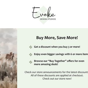Pu&ograve; includere: Un dipinto ad acquerello di cavalli che corrono attraverso un campo. Il testo "Buy More, Save More!" &egrave; visualizzato sopra un elenco di sconti per l'acquisto di pi&ugrave; articoli. Il testo "Check our store announcements for the latest discounts! All of these discounts are applied at checkout. Check out our store now!" &egrave; visualizzato nella parte inferiore dell'immagine.