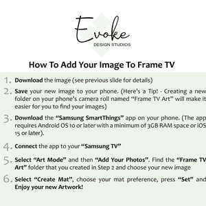 Pu&ograve; includere: Una guida illustrata verde e bianca con il titolo "Come aggiungere la tua immagine a Frame TV" e sei passaggi numerati per aggiungere una foto a un televisore Samsung Frame.