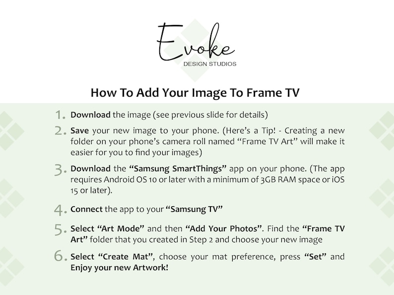 Pu&ograve; includere: Una guida illustrata verde e bianca con il titolo "Come aggiungere la tua immagine a Frame TV" e sei passaggi numerati per aggiungere una foto a un televisore Samsung Frame.