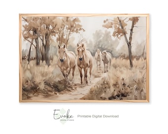 Printable Vintage Oil Painting of Wild Horses In a Wildflower Meadow | Country Farmhouse Wall Art | Cottagecore Downloadable Digital Art