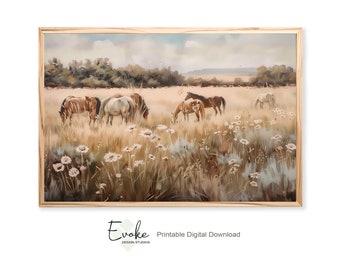 Printable Vintage Oil Painting of Wild Horses Grazing In a Wildflower Meadow | Country Farmhouse Wall Art | Downloadable Art | Digital File
