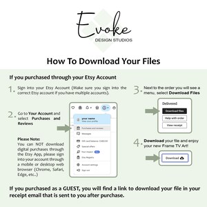 Pu&ograve; includere: Una guida illustrata verde e bianca con il testo "Come scaricare i tuoi file" e istruzioni su come scaricare i file digitali acquistati tramite Etsy. La guida include schermate del sito web di Etsy e una nota che indica che gli acquisti digitali non possono essere scaricati tramite l'app Etsy.