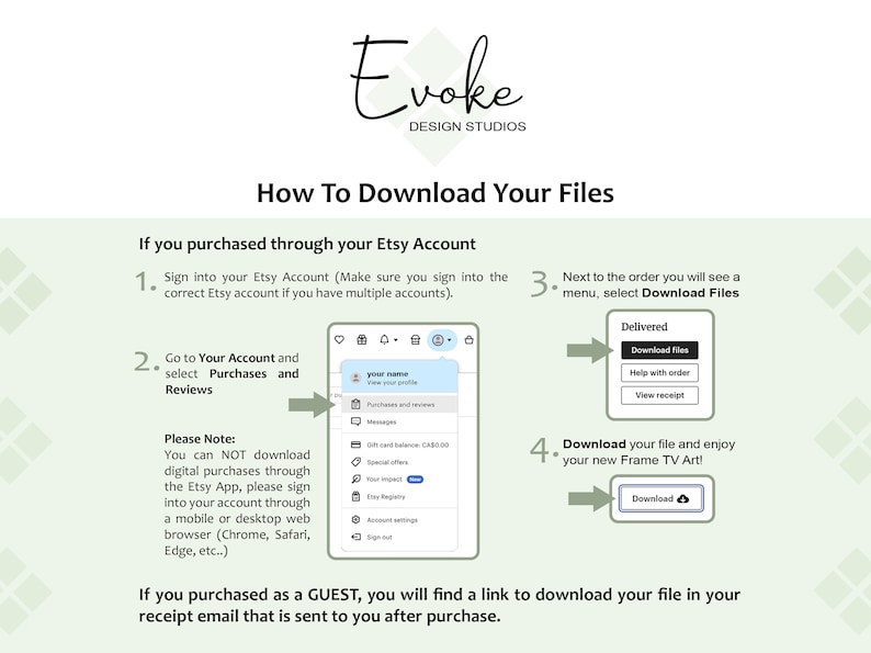 Pu&ograve; includere: Una guida illustrata verde e bianca con il testo "Come scaricare i tuoi file" e istruzioni su come scaricare i file digitali acquistati tramite Etsy. La guida include schermate del sito web di Etsy e una nota che indica che gli acquisti digitali non possono essere scaricati tramite l'app Etsy.