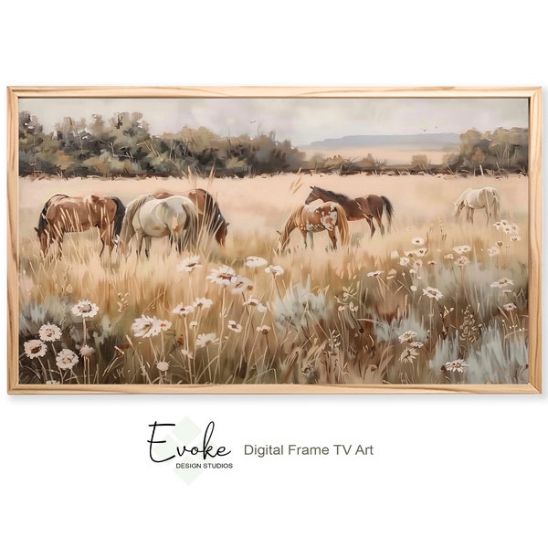 Vintage Oil Painting Wild Horses Grazing In Wildflowers Meadow | Frame TV Art | Rustic Farmhouse Country Cottagecore | Digital Download File