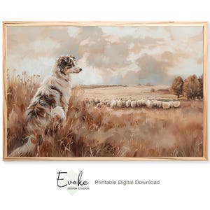 May include: A framed print of a pastoral scene featuring a dog and a flock of sheep. The dog, with brown and white fur, sits in tall grass, overlooking the sheep in a field. The artwork has a warm, muted color palette.