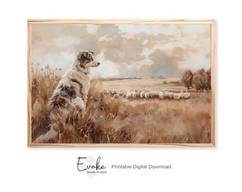 Printable Border Collie Farmhouse Wall Art | Rural Western Farm Dog | Rustic Boho Sheep Print | Country Cottagecore Decor | Digital Files