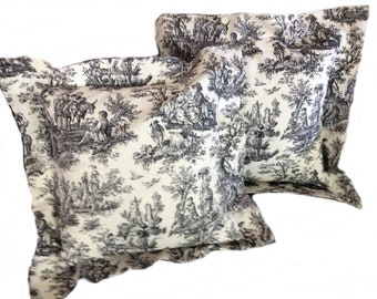 Black White Toile PIllows Set of two 14 inch by 14 inch with 2" flange