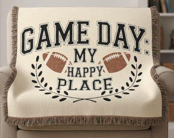 Game Day My Happy Place Woven Blanket | Football Decor, Tailgate Throw,Christmas Gift for Him,Christmas Gift for Her,Football Fan Gift