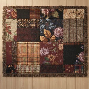 Vintage Floral Patchwork Throw Blanket, Boho Cottagecore Quilt Blanket, Woven Tapestry Sofa Throw, Rustic Farmhouse Decor, Cozy Autumn Gift