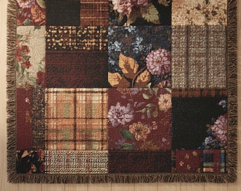 Vintage Floral Patchwork Throw Blanket, Boho Cottagecore Quilt Blanket, Woven Tapestry Sofa Throw, Rustic Farmhouse Decor, Cozy Autumn Gift