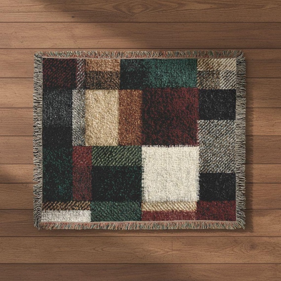 Rustic Plaid Faux Patchwork Throw Blanket, Woven Tapestry Sofa Throw, Cabin Lodge Farmhouse Decor, Cozy Winter Blanket, Gift for Anyone