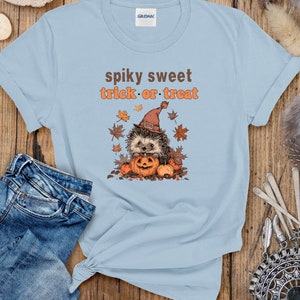 May include: Light blue t-shirt with a cartoon hedgehog wearing a witch's hat and holding a jack-o'-lantern. The text "spiky sweet trick or treat" is printed on the shirt.