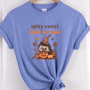 May include: A light blue t-shirt with a cute hedgehog wearing a witch hat and holding a jack-o-lantern. The text "spiky sweet trick or treat" is printed on the shirt.
