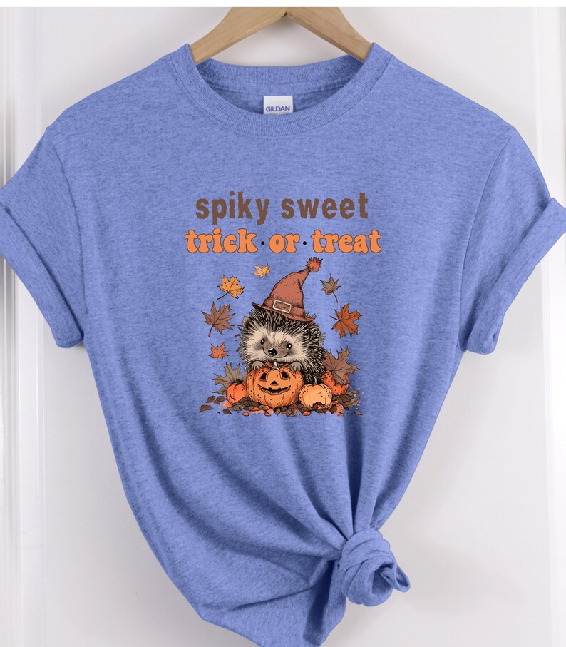 May include: A light blue t-shirt with a cute hedgehog wearing a witch hat and holding a jack-o-lantern. The text "spiky sweet trick or treat" is printed on the shirt.