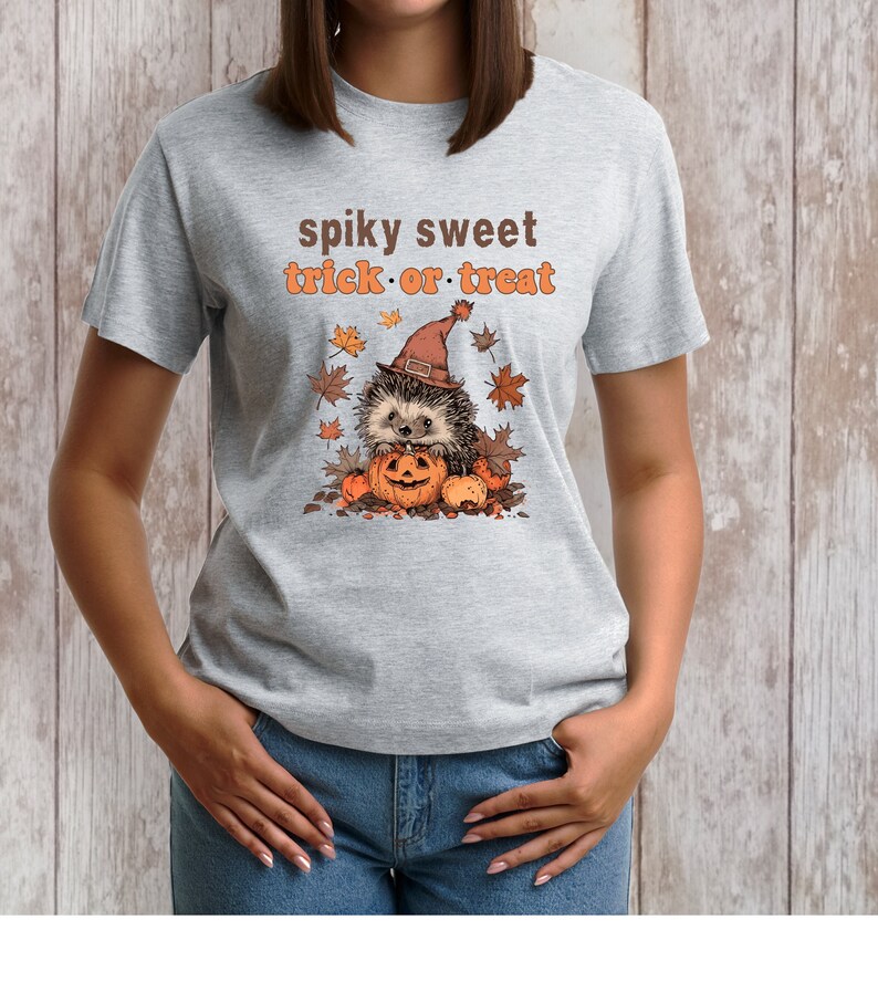 May include: A gray t-shirt with a cute hedgehog wearing a witch hat and holding a jack-o'-lantern. The text "spiky sweet trick or treat" is printed on the shirt.
