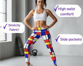 Mondrian Art High-Waist Women's Yoga Leggings With Side Pockets | Primary Red White Blue Yellow | Geometric Print |