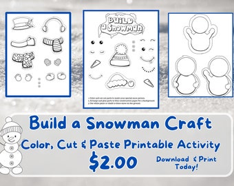 Build a Snowman Craft: Color Cut & Paste Snowman Coloring Worksheet for Kids