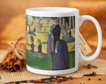 Cat Seurat Mug, La Grande Jatte Style Coffee Cup, Vintage Impressionist Pointillist Cat Artwork, Funny Museum Cat Gift, Cat Lover Art Lover