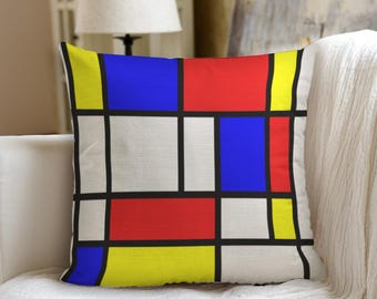 Mondrian Squares Pillow w/Insert - Famous Painting Artist Gift Primary Colors Red Blue Yellow