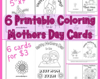 6 Printable Coloring Mothers Day Cards, Card to Mom from Kids, Mothers Day Coloring Card, Kids Craft, Instant Download,