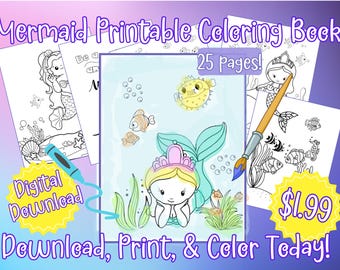 Mermaid Under the Sea Printable Coloring Book for Kids Digital Download Fun Coloring Sheets 25 Printable Mermaid Pages Activity Book