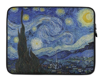 Van Gogh Starry Night Laptop Sleeve, 13 inch or 15 inch, Neoprene, water resistant, heat resistant, zipper, faux fur lining, famous painting