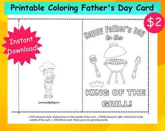 Printable Coloring Father's Day Card, Instant Download, King of the Grill, Kids' Coloring Card, Father's Day craft, Handmade Father's Day,