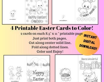 Printable Coloring Easter Cards, Digital Download, Cute Bunny, Christian Easter, Kids Coloring