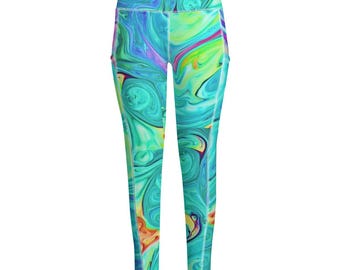 Aqua Purple Yellow Swirl Women's Yoga Leggings With Side Pockets