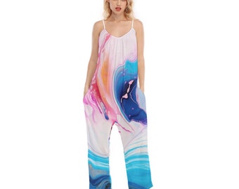 Paint-Swirled, Splattered Women's Loose Summer Cami Jumpsuit