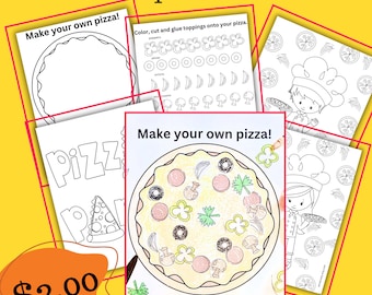Pizza Party Coloring Activity, Cut and Paste Printable (Digital Download)