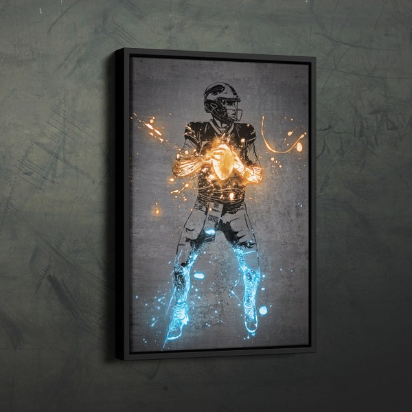 Josh Allen Poster Neon Splash Buffalo Bills NFL Framed Canvas Wall Art Print Home Decor Man Cave Gift