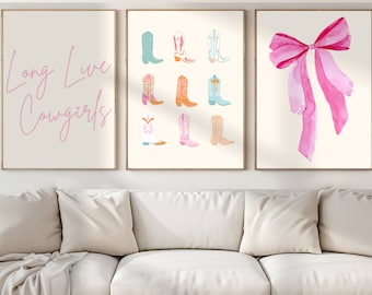 Preppy Cowgirl Prints: Pink Bow, Teal Boots, Set of 3 (Digital Download)