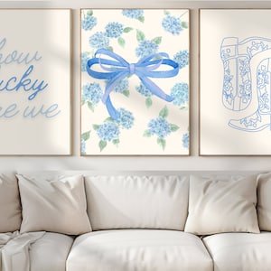 How Lucky Are We Blue Floral Bow Digital Prints Set of 3,  Apartment, Dorm, House Decor