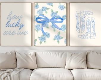 Blue Floral Prints Set: Hydrangea Bow, Cowboy Boots Art (Digital Download)