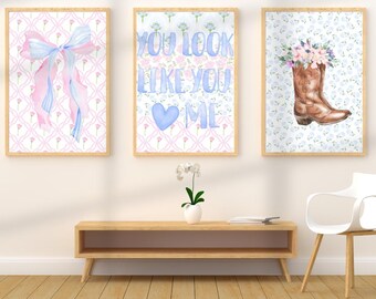 Conjunto de láminas decorativas "You Look Like You Love Me", decoración de vaquera coqueta, estampado de lazo rosa, bota vaquera floral, descarga digital.