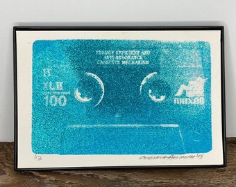 Cassette Tape Art, 1990's Cassette Tape Screenprint, Retro Cassette Print, Gift for Music Lover, 1980s Music Art, Vintage Cassette Art