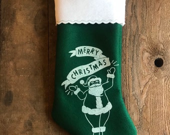 Handmade Retro Santa Felt Christmas Stocking, Mid Century Modern Holiday Decor
