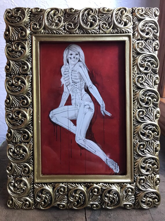 Gift for Guys Goth Pinup Art Vintage Pin Up Art Skeleton Pin Up Girl Painting Creepy Anatomical Art