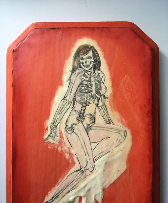 Gift for Guys Goth Pinup Art Vintage Pin Up Art Skeleton Pin Up Girl Painting Creepy Anatomical Art
