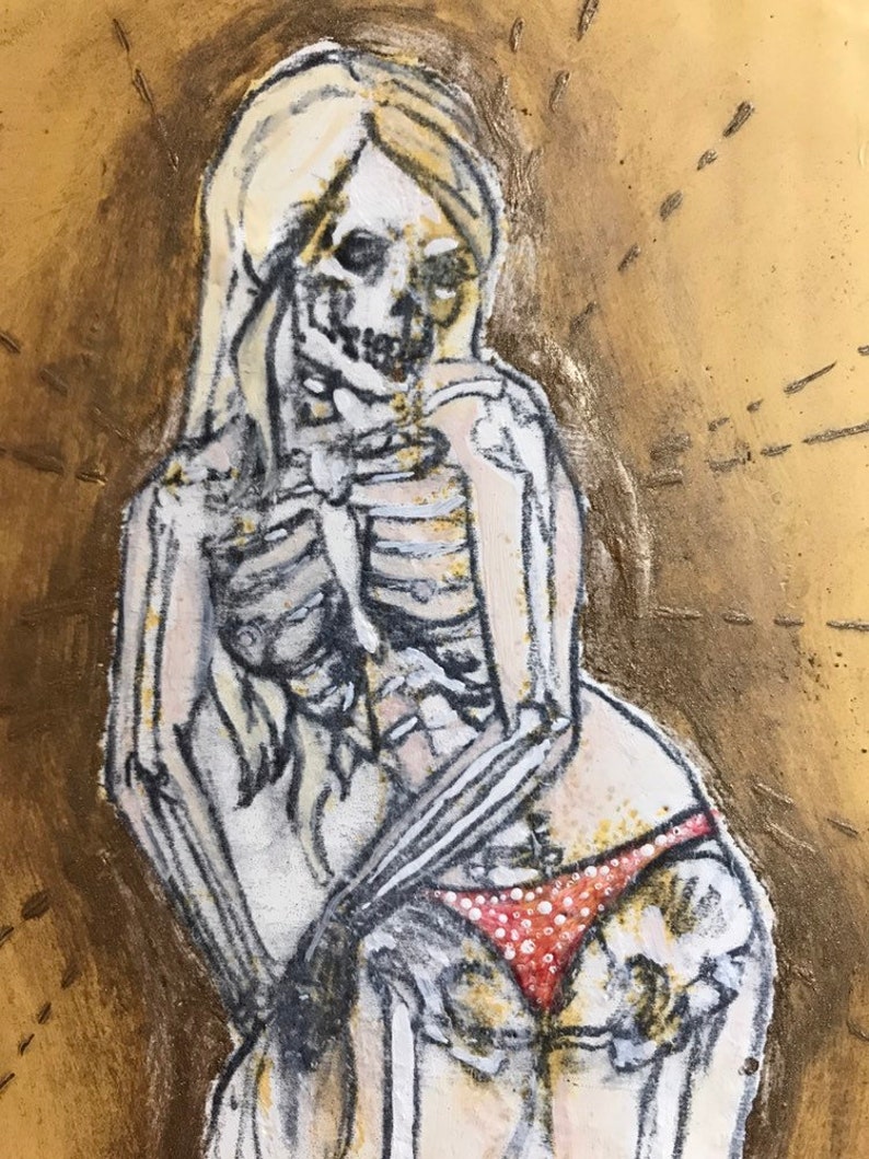 Gift for Guys Goth Pinup Art Vintage Pin Up Art Skeleton Pin Up Girl Painting Creepy Anatomical Art