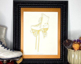 Gold Roller Skate Print, Retro Roller Skate Art, Vintage Skates, Rollerskates, Skating Poster, Roller Derby Gift, 1980's Nostalgia