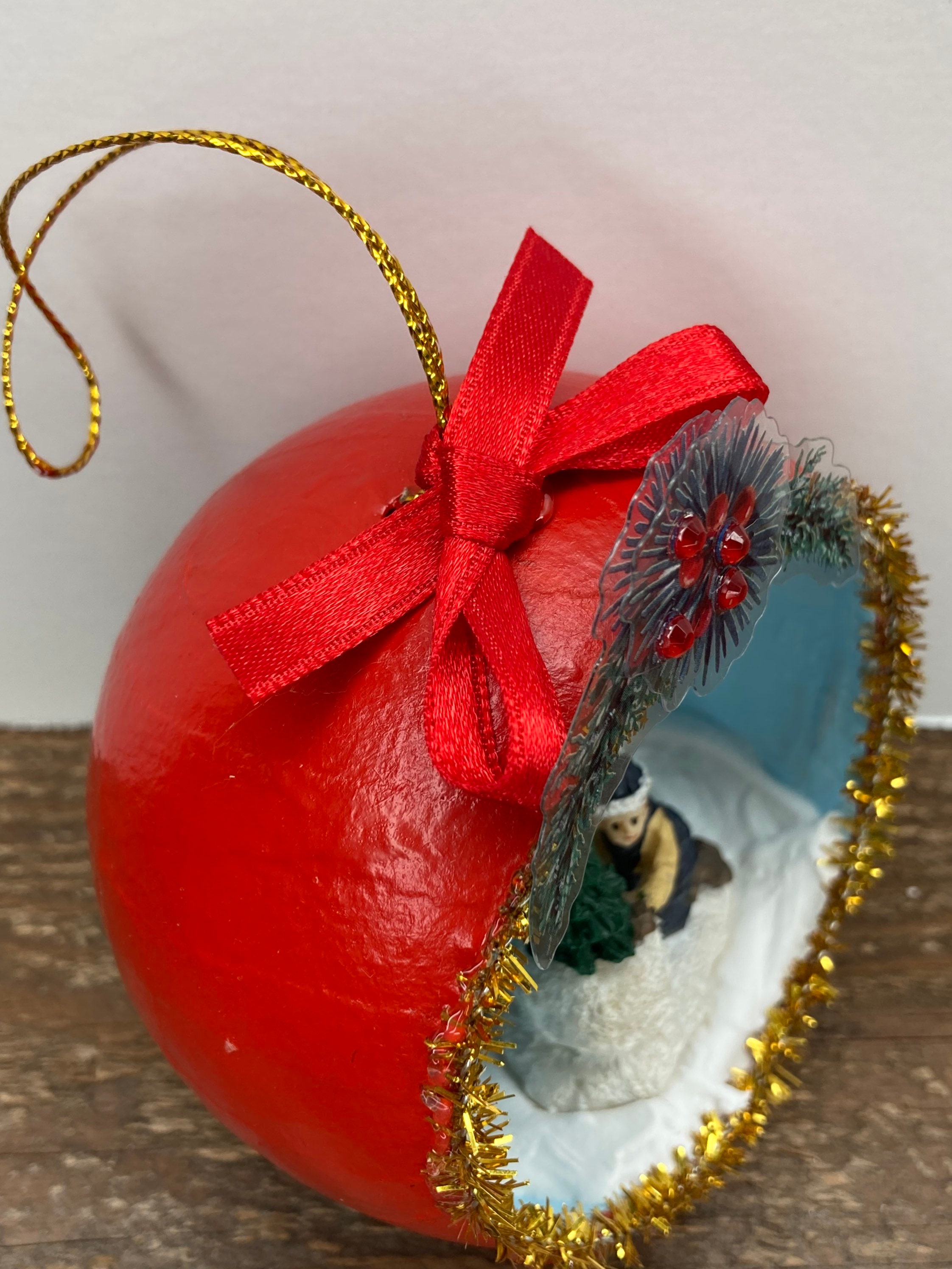 Retro Snow Day Diorama Ornament, Retro Paper Mache Ornament