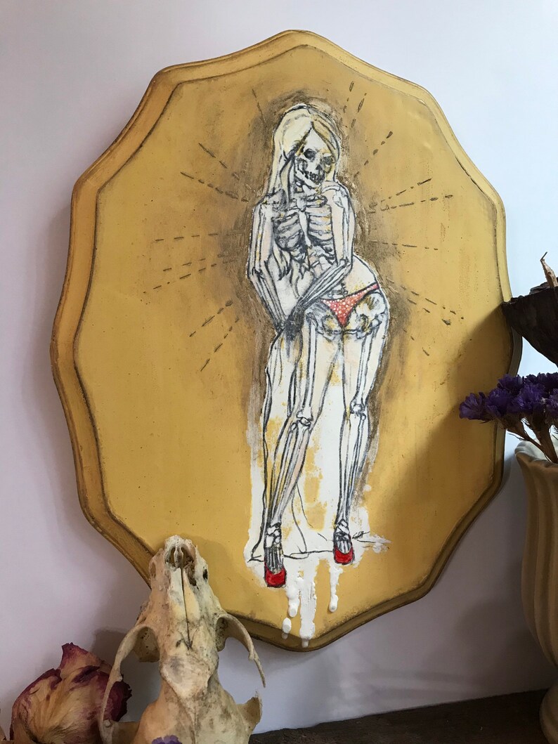 Gift for Guys Goth Pinup Art Vintage Pin Up Art Skeleton Pin Up Girl Painting Creepy Anatomical Art