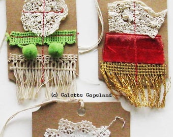 Gift tags, one of a kind, handmade, set of 3, vintage lace and trim