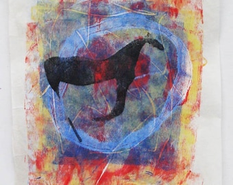 Galloping horse, monoprint on kozuke paper, original art
