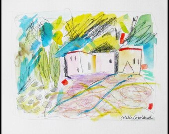 Skizze in Mischtechnik, Originalkunstwerk, Landschaft, En Provence
