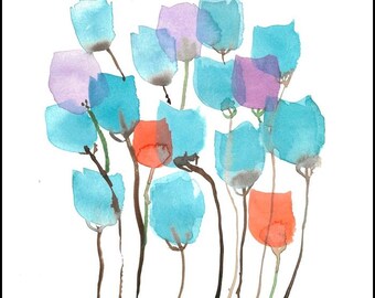 Original Aquarellmalerei auf Papier, Blumenkunst, eine Abstraktion von Tulpen